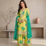 Citron Yellow & Teal Floral Sharara set