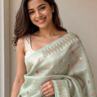 Pastel Green Floral Embroidered - linen saree