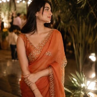 Rust orange scalloped - organza saree