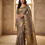 Taupe Grey Printed Silk - Tissue Saree