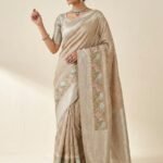 Beige Lotus Embroidered - Tissue Saree