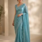 Sky Blue Sequined - Silk Saree