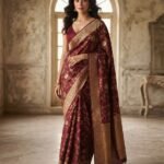 Rich Burgundy Floral Zari - Banaras Saree