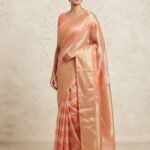 Peach Coral Metallic Striped - Banaras Saree