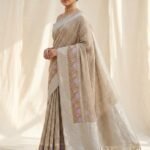 Beige Lotus Embroidered - Tissue Saree