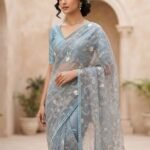 Dusty Slate Blue Embroidered Saree
